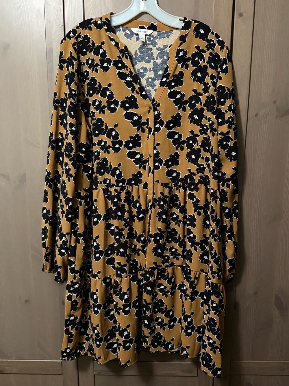 Nine West Brownish/Mustard colored Floral Long-Sleeve Tiered Dress